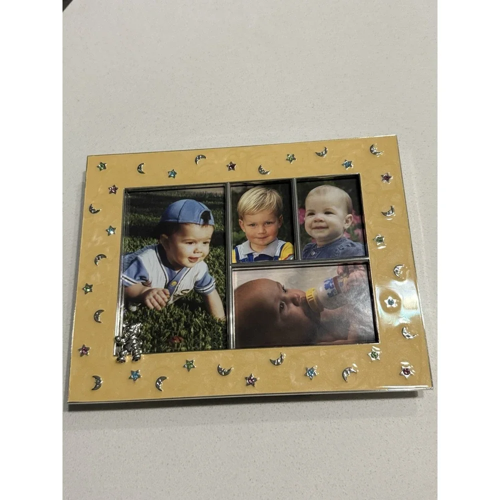 Astor Lane Multi Photo Frame Silver Metal Yellow‎ Enamel Baby Bear NEW In Box